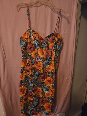 Floral Spaghetti Strap Sheath Dress - Orange & Teal